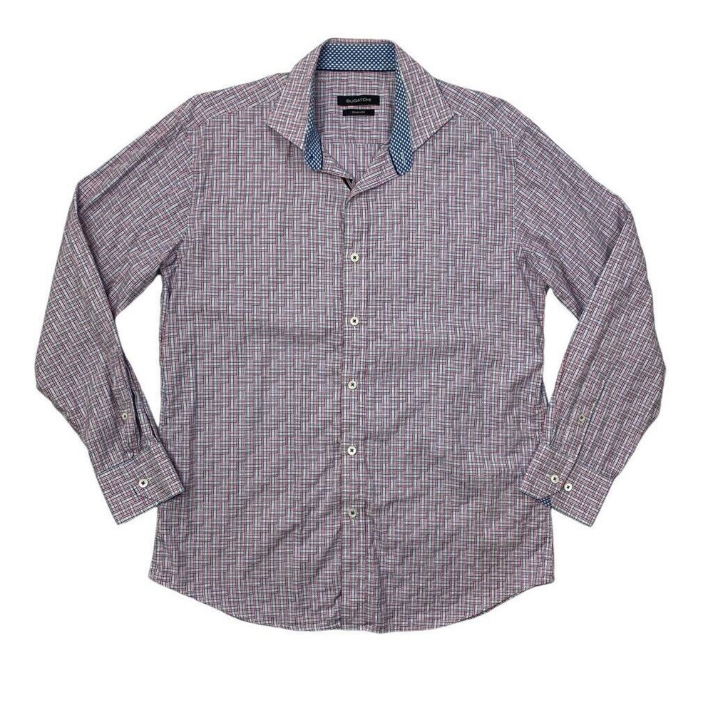 Bugatchi Shirt Mens M Medium Shaped Fit Abstract Plaid Cotton Check Long Sleeve